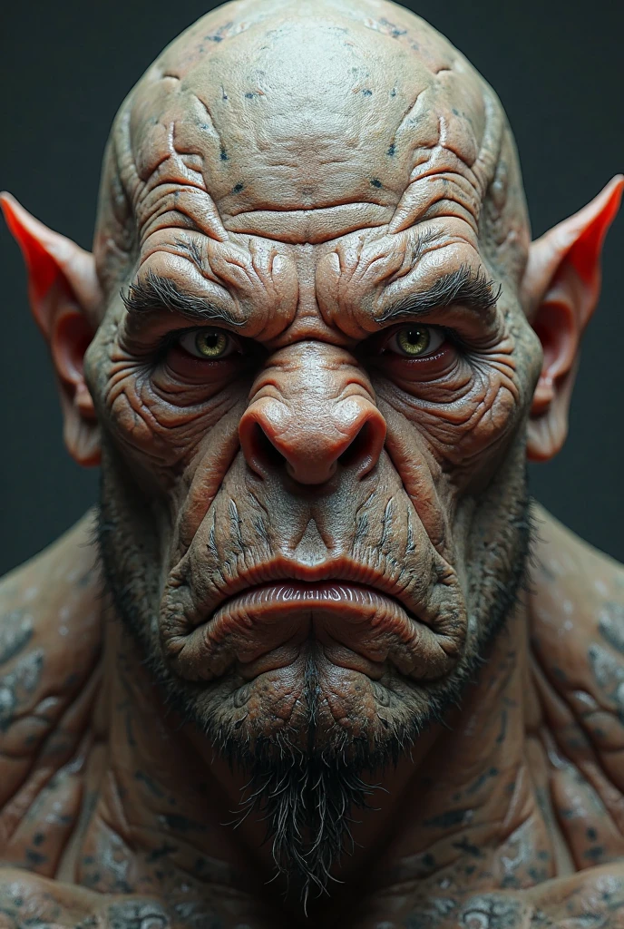 
massive 8 feet tall muscled bald hairless mutated semi-orc-troglodyte like human with cracked desiccated skin
he has a few large organic spike protrusions made of his desiccated skin on his arms and back, ready for battle to crush his prey, (masterpiece) ( 8K resolution) low light, monotone muted colors, wide angle lens perspective distortion shallow depth of focus ultra high quality  photography best quality, ultra photo realistic,  ((shallow depth of field focus)) ultra high quality photography best quality, scary