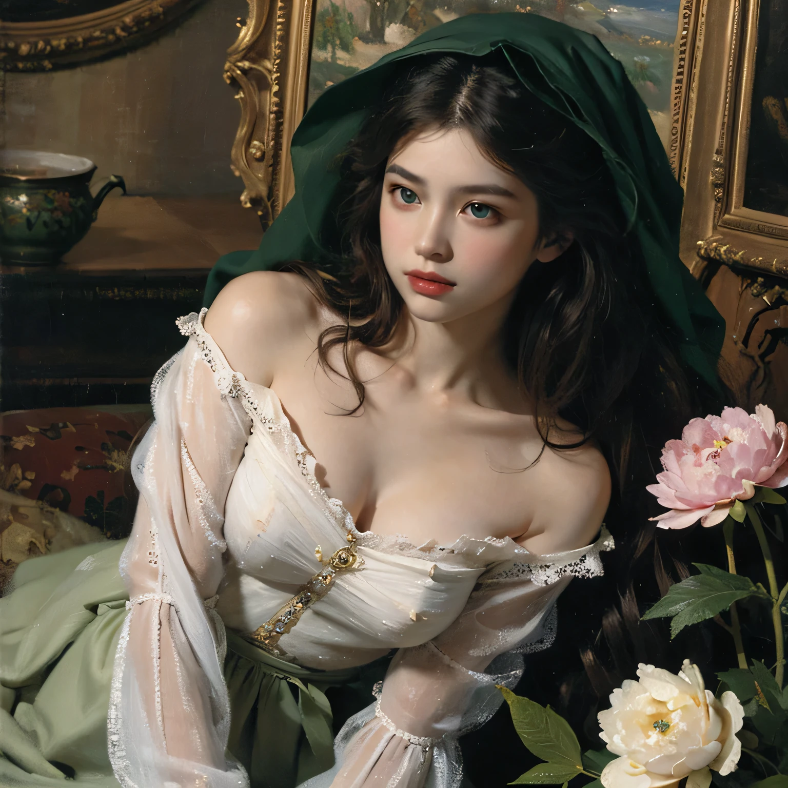 Red rose flowers,Beauty Model,Showy clothes,Vibrant colors,painting
