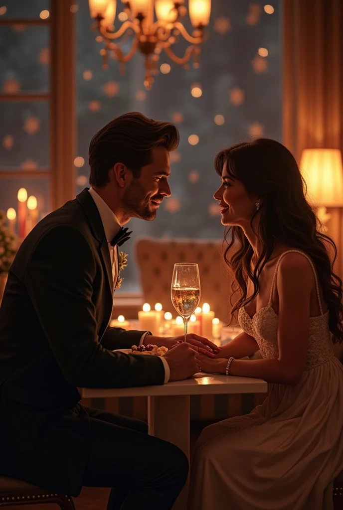 Creare photo in which Soft lighting and flowers at the entrance.Elegant table for two with candles and flowers.Cozy setup with pillows and a couple sharing a moment.Warm glow from a fireplace or similar.Intimate details like hands, dessert, or a special gift.Wide shot of the couple enjoying the room's ambiance.