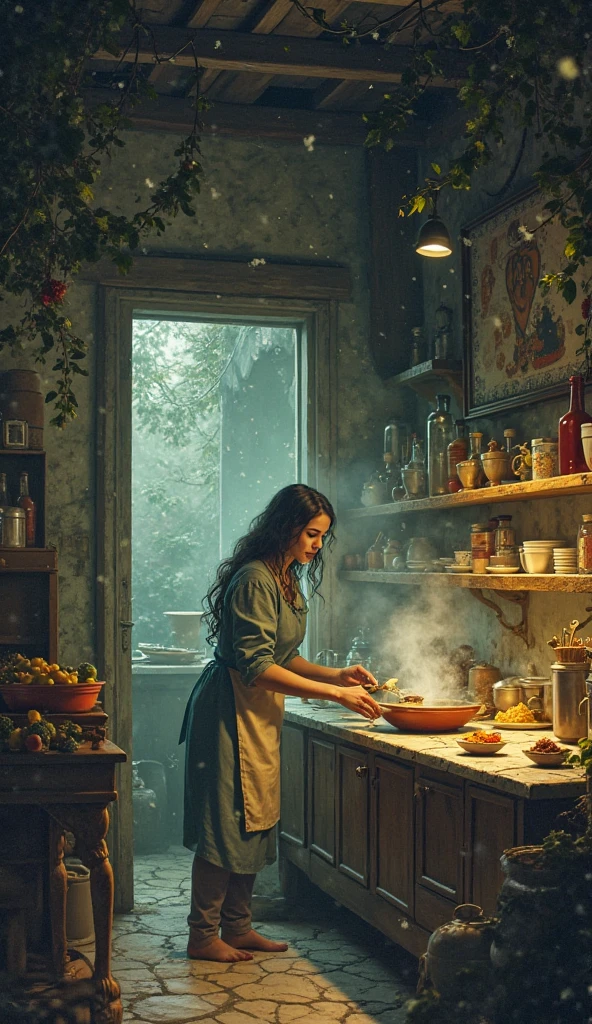 Soup for the Spirits
“In the basement of an old town's bathhouse, there is a tiny kitchen always warm and glowing — run by a cheerful woman with hands made of steam. Every night, long after the human guests leave, the spirits come. Tired mountain gods, river spirits, forgotten toys, even wandering shadows — all gather quietly, lining up for her soup, which changes with each spirit’s need. One night, a quiet, translucent  arrives with no memory and no appetite. The woman gently prepares a bowl of soup made from lullabies, willow leaves, and stardust. The  takes one sip — and begins to cry. Outside, it begins to snow, even though it’s summer, and the spirits begin to hum an old song in perfect harmony.”

