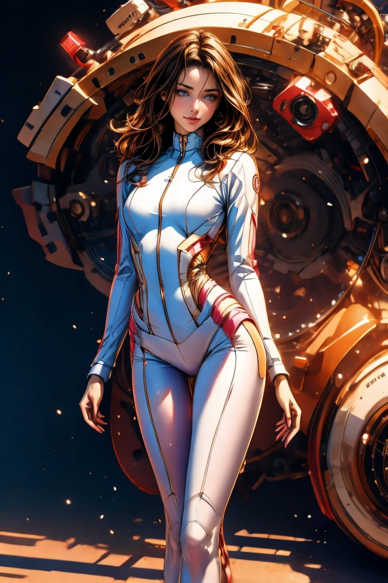 A full-body, ultra-detailed semi-realistic digital painting of a mature French woman in her early 40s, with a slender yet well-balanced figure and a graceful silhouette. She has a modestly full that enhances her femininity without exaggeration. Her presence is calm and welcoming, and exudes gentle, confident sensuality. Her proportions follow a tall 10-heads-tall fashion model standard, with elongated limbs, long, shapely legs, a slightly smaller head, and refined, soft facial features that express maturity and kindness. Her narrow create a smooth, elegant lower body. Her posture is relaxed and elegant, with a gentle weight shift and naturally positioned arms. She wears a pastel-themed race queen outfit: a glossy lavender and white zip-up cropped top with a soft neckline, paired with an ultra-short asymmetrical skirt in matching tones. -colored high-heeled pumps and minimal accessories complete the clean, feminine look. Her outfit blends softness and sporty sophistication with pastel charm. Her makeup is subtle and natural: soft peach lips, warm blush, and delicate eyeliner that highlights her gentle expression. Her face is softly oval with smooth cheeks, a calm jawline, and a serene, approachable look. Her eyes are round and slightly downturned, projecting quiet warmth and emotional intelligence. She has a small, upturned nose and full lips that rest in a faint, tranquil smile. Her auburn hair is layered and styled in a polished half-up, half-down look, loosely gathered at the crown and flowing in soft waves over her shoulders and down her back, voluminous and refined, with no bangs. She stands at a race venue surrounded by soft ambient lighting, gentle shadows, and shallow depth of field. Masterpiece, best quality, semi-realistic, 8K resolution, hyperrealistic portrait, finely detailed.
