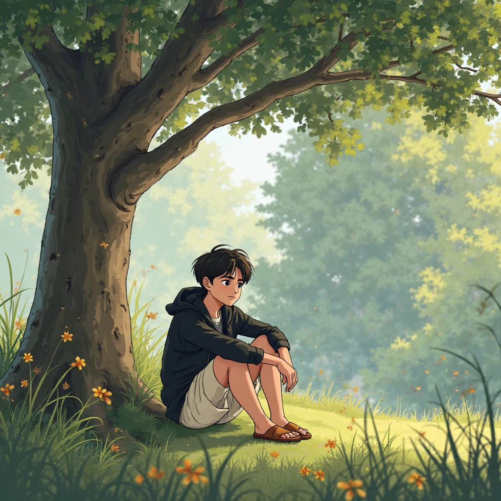 A age boy of about 16 was sitting under a tree enjoying the view from black to brown hair and wearing a black jacket wearing cream-coloured shorts and sandals