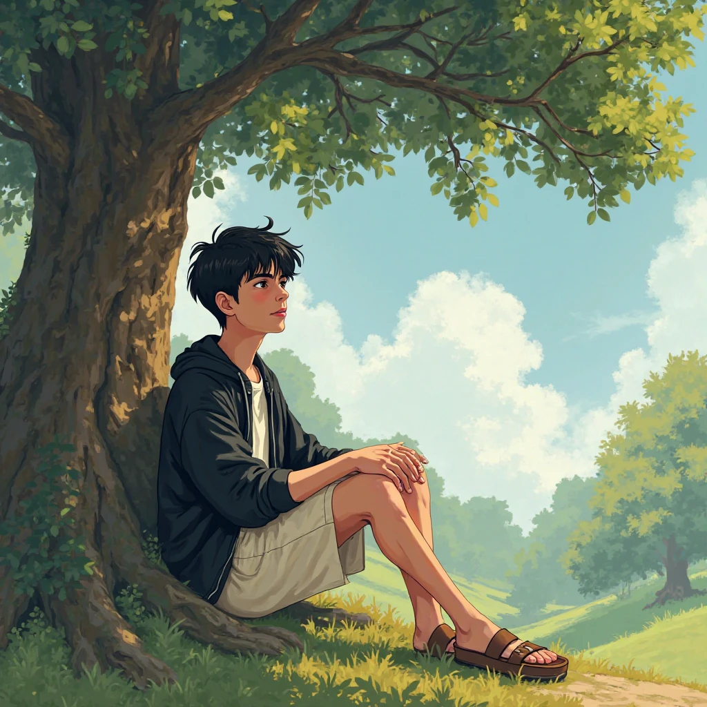 A age boy of about 16 was sitting under a tree enjoying the view from black to brown hair and wearing a black jacket wearing cream-coloured shorts and sandals