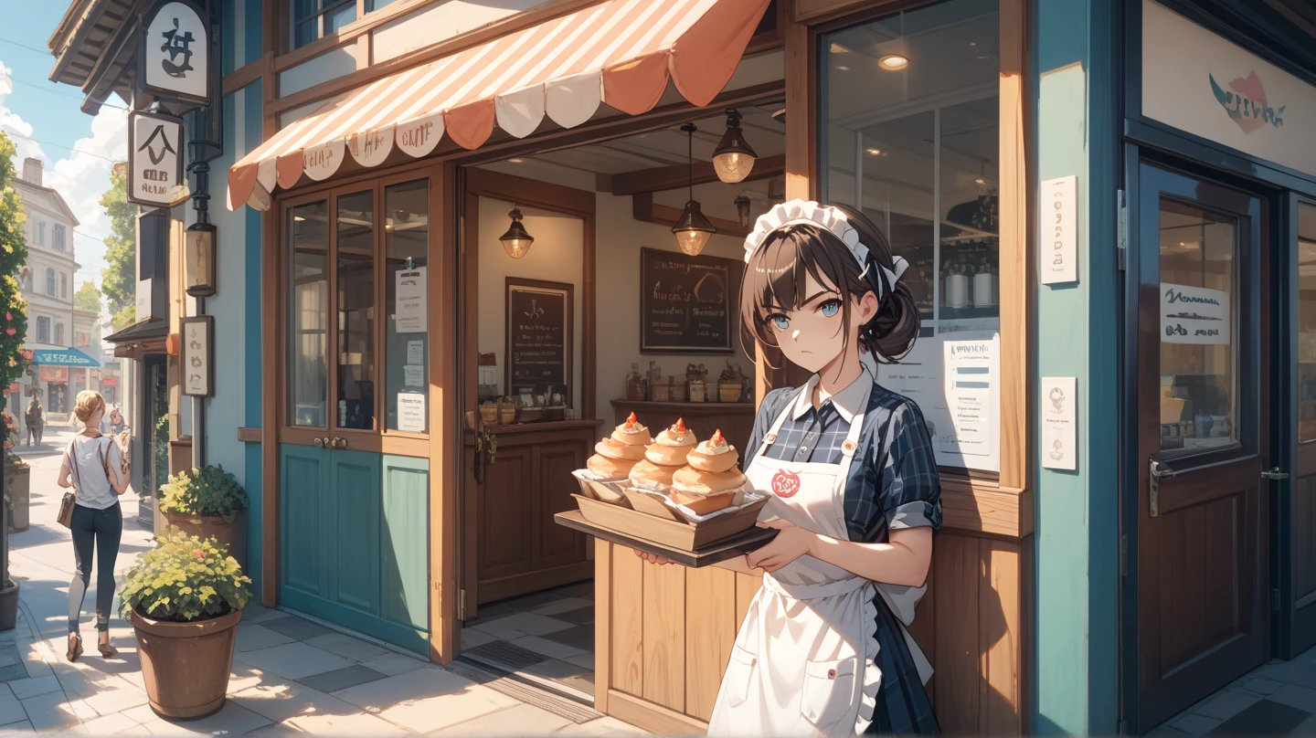 A small cafe on a quiet European-style street in the morning. A real cat (bipedal, standing like a human) in an apron holding up a sign. The cat is white and brown beaked, serious expression. The café's entrance door is open, letting light in.