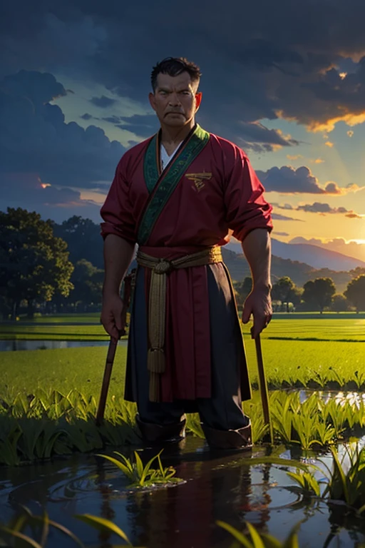 A strong bull is plowing a lush green paddy field. The owner stands behind, with a stern look.