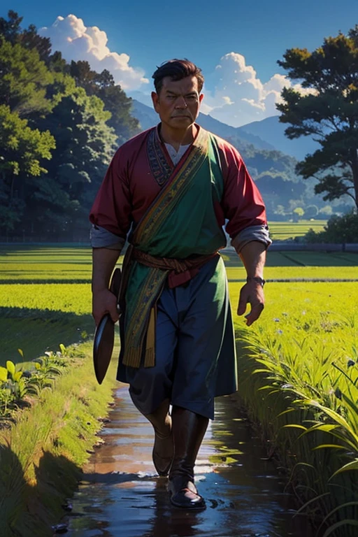 A strong bull is plowing a lush green paddy field. The owner stands behind, with a stern look.