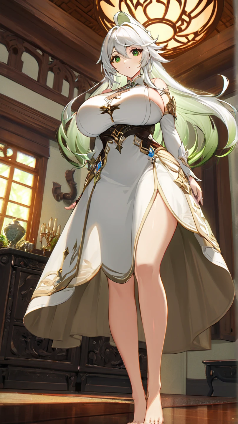 female, blonde long hair, green eyes, (((1girl))), (((light green and white evening dress))), (white heels), (gold bracelets), cute and sexy, full body, large breasts, large butt, long legs, smiling