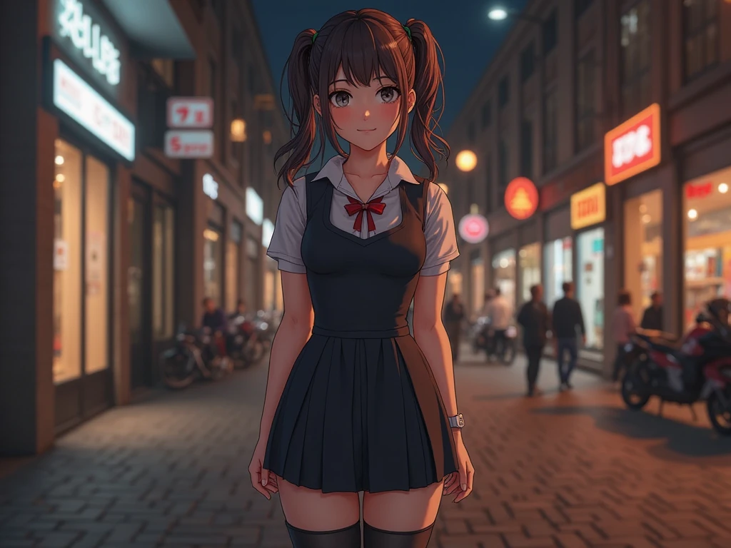 excellent work, top quality, 8k, Fine Skin Detail, Realistic skin, very high resolution, 1Girls, perfect face,  French Twist  , happy smile, big thighs, Big Breasts, Big Butt, Focus on the legs, at night, (short dress:1.2), Black tights, legs up sex , shiny skin, beautiful leglines : 1.3,Small thighs,  thin waist,หน้าBig Breasts,school uniform, Stockings up to the waist, milky