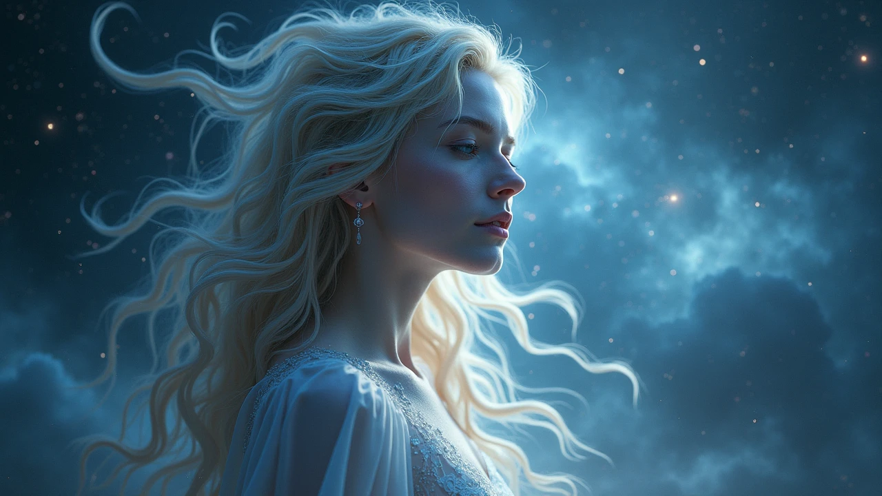 A cosmic female figure with ethereal flowing hair blending into the galaxy, soft light illuminating her face, deep space background with stars and nebulas, mystical and divine presence --ar 16:9