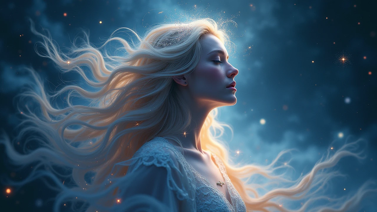A cosmic female figure with ethereal flowing hair blending into the galaxy, soft light illuminating her face, deep space background with stars and nebulas, mystical and divine presence --ar 16:9