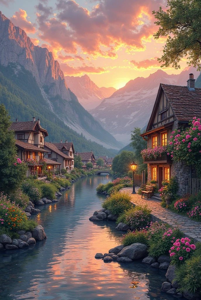 A small village by the river, mountains in the background, colorful flowers, detailed landscape, beautiful natural scenery, atmospheric lighting,  scorching sunset ,  warm colors, practical, photographic, detailed foliage, complex buildings , cobblestone street, charming country house, vibrant colors, lush vegetation, reflections in the water, pitoresco, idyllic, work of art, Best Quality, 8k, extremely detailed, anime style
