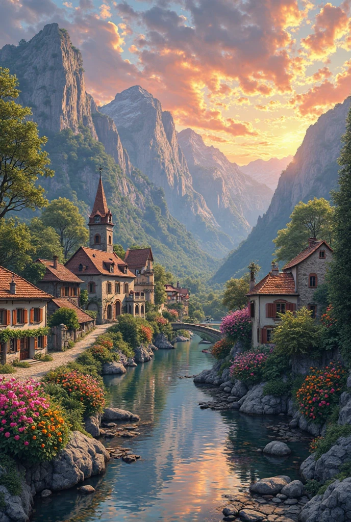 A small village by the river, mountains in the background, colorful flowers, detailed landscape, beautiful natural scenery, atmospheric lighting,  scorching sunset ,  warm colors, practical, photographic, detailed foliage, complex buildings , cobblestone street, charming country house, vibrant colors, lush vegetation, reflections in the water, pitoresco, idyllic, work of art, Best Quality, 8k, extremely detailed, anime style