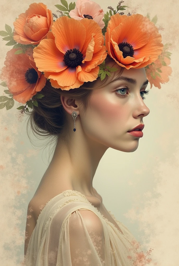 From a side view A vintage-style portrait of a beautiful young woman with porcelain skin and blue eyes, her face partially adorned with large orange and pink poppy flowers. The flowers blend into faded watercolor splashes with a sepia or pastel-toned background. Styled like an old photo or retro fashion magazine illustration, soft grainy texture, muted colors, elegant and nostalgic atmosphere."
