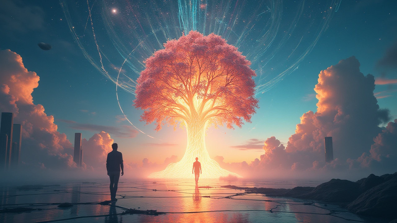 A person walking towards a radiant tree of light, surrounded by futuristic city elements, vibrant cosmic energy flowing like streams, abstract geometric shapes in the sky --ar 16:9
