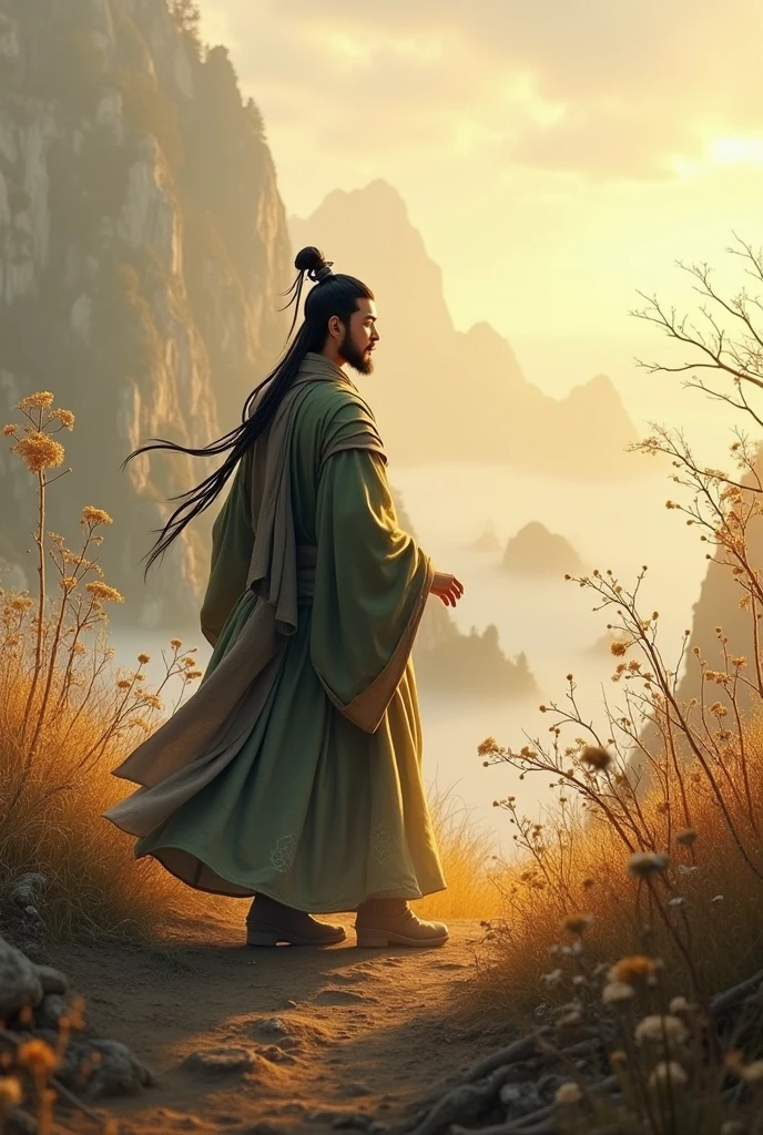  third grid ： worried about the country and the people
Picture ： Qu Yuan walked in the wilderness In the wild ， Looking in the direction of Chu in the distance ，Tears in eyes。
Narration： He cared about the country ，Write down《Divorce》Famous articles ，Express your concerns。