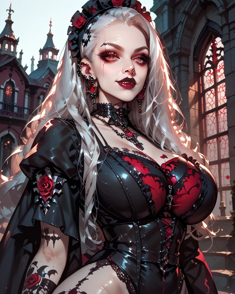 Demonic Kawaii Style, 1girl, arm behind back, braid, cleavage, covered navel, dress, grey hair, horns, jewelry, large breasts, long hair, navel, open mouth, parted lips, pointy ears, red eyes,colored sclera, black sclera, red lips, red nails, slit pupils, solo<lora:Demonic_Kawaii:0.75>