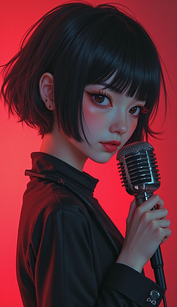 1 girl,  Hair, shortcut, Had a long microphone
 adult woman、Japanese、Hypnosis microphone style matte texture 
anime