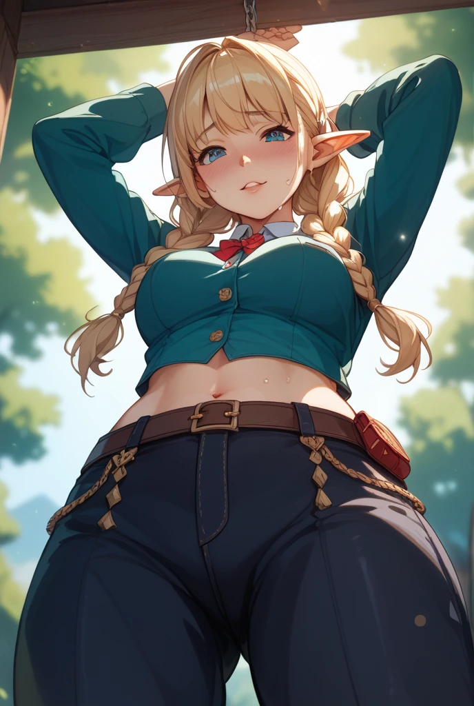 A girl wearing a hat，(masterpiece, best quality) detailed,silver accessories , Blonde ,elegant, Pointed ears ，Lace underwear，Double tail，Waist-length hair，Smile，Star decoration，White lace socks，thorns，Rose，Vest line