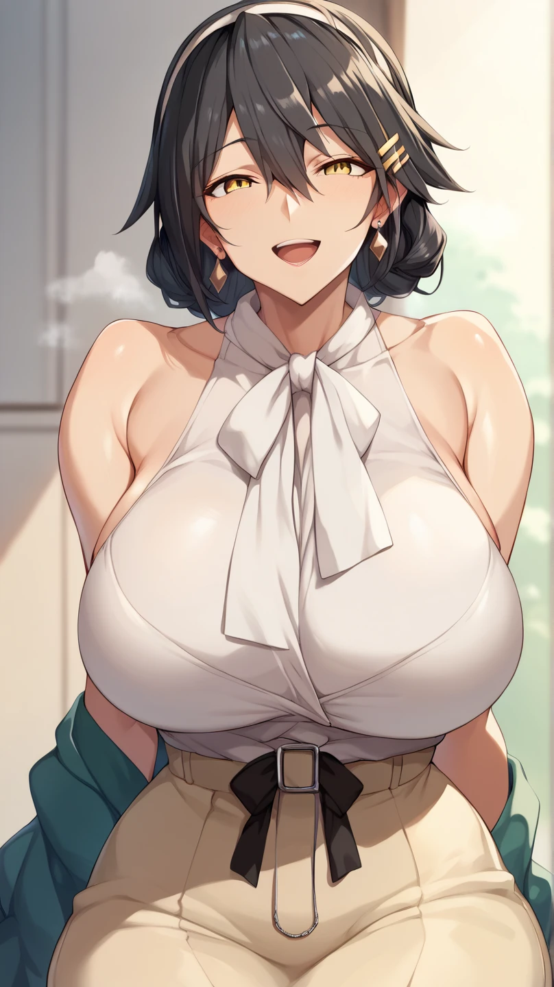 2 heads, three boobs, gigantic breasts, turtleneck sweater, kissing, huge boobs.
