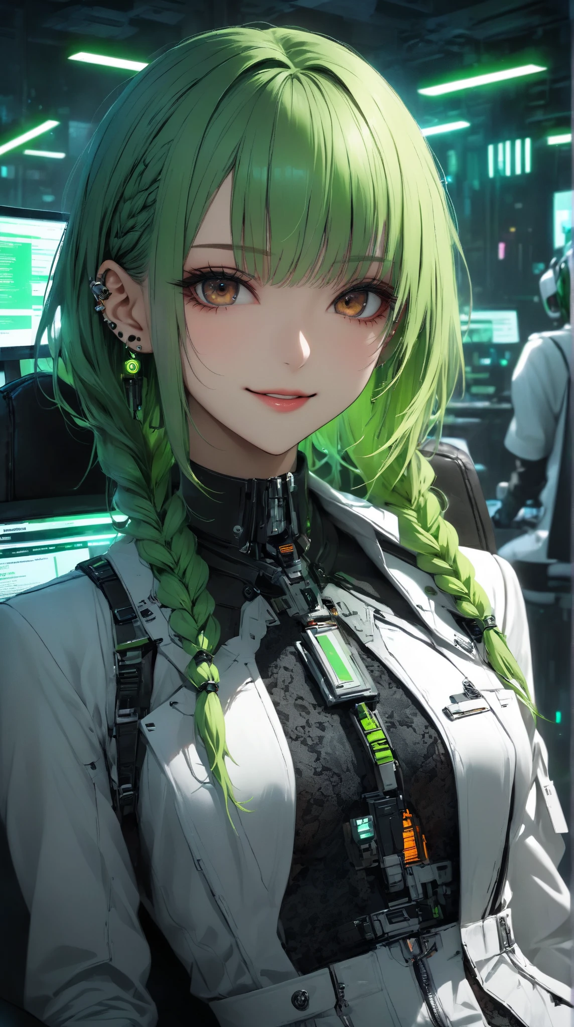Super realism、hyper realstic 1girl.cyberpunk、
(Green hair color、brown eyes)side braids, smile、Loliface、small ???????、wear a white business suit setup with a cyberpunk gothic design、Slit skirt style、 Gothic Accessory、piercing、lip、small ???????、 operate in a late night office、chair in the left hand examination room(portrait angle)ピースサイン✌️