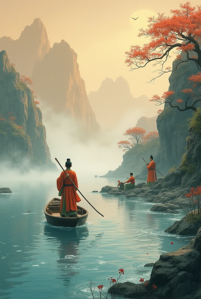  Case 4 ： threw himself into the river to die for his country
Picture ： Qu Yuan threw himself into the Miluo River ，River water is surging。 The people rowed a boat to look for his figure 。
Narration：final， Qu Yuan threw himself into the river in anger ， The people appreciate his loyalty ，row dragon boat、 made rice dumplings to commemorate him 