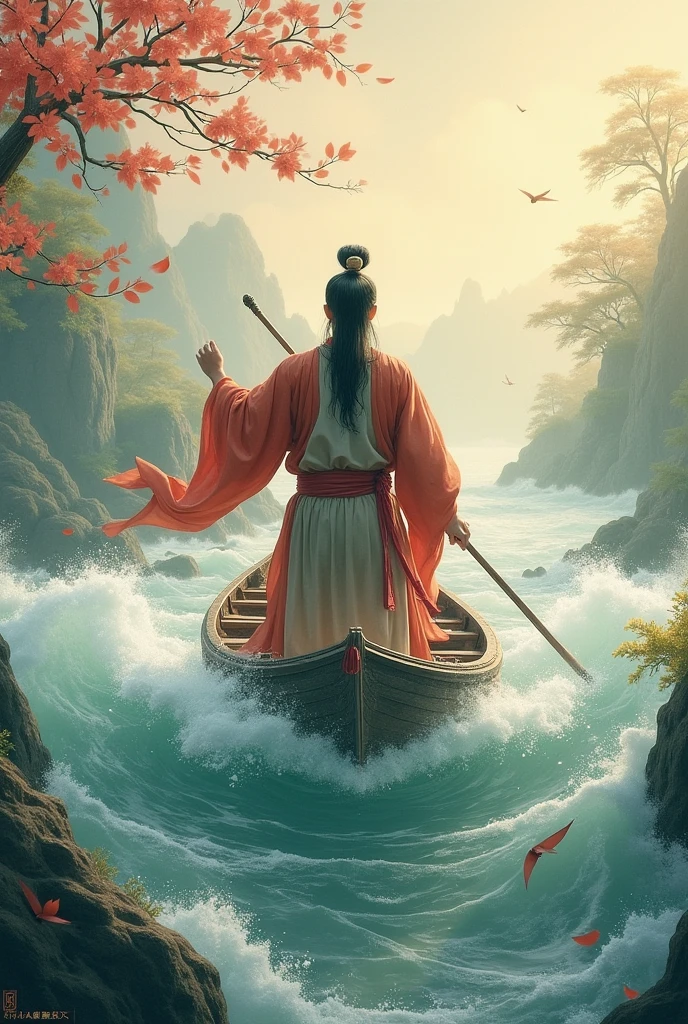  Case 4 ： threw himself into the river to die for his country
Picture ： Qu Yuan threw himself into the Miluo River ，River water is surging。 The people rowed a boat to look for his figure 。
Narration：final， Qu Yuan threw himself into the river in anger ， The people appreciate his loyalty ，row dragon boat、 made rice dumplings to commemorate him 
