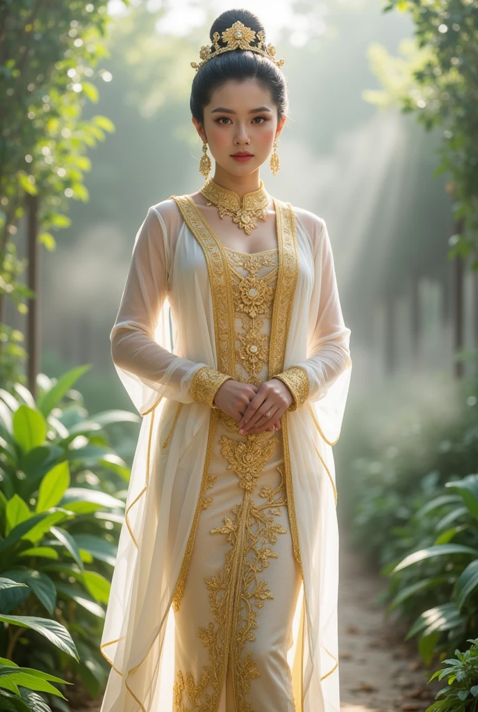 Myanmar queen [wearing gold and white thin Longyi and Htaingmathein, the burmese royal thin white coat which is cornered with the gold, Burmese royal gold ancient headband with gold flower] is standing seductively in the heavenly garden which is surrounded by cloud in the heavenly palace, [top knot her black hair] [heavenly][]