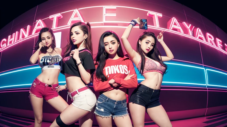 three women in bikinis standing in front of a neon sign, tithi luadthong, sweaty 4k, trailer, kinematic shooting ar 9:16 -north 6 -g, 🤬 🤮 💕 🎀, sexy movie photo, model bikini, cinematic shot, sexy :8, shot with nikon z9, 🕹️ 😎 🔫 🤖 🚬