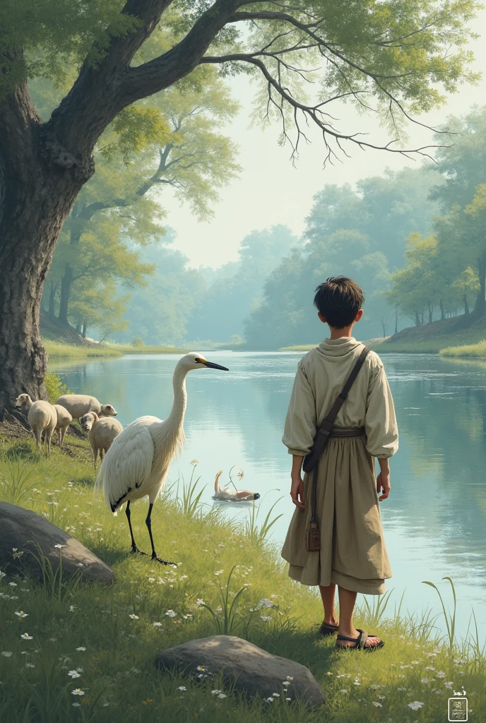 নদীর পাড়ে রাখাল আর সাদা বক 