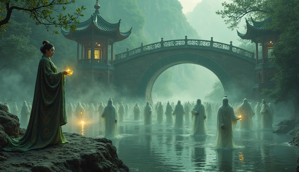 Create a breathtaking mythological scene of the Chinese Black River (Heihe) separating the realms of the living and dead. Show the ancient guardian Meng Po - a mysterious elderly woman in elaborate traditional Chinese clothing - offering her magical "soup of forgetfulness" to translucent souls waiting to cross the misty black river. Some ren souls should have distinctive birthmarks, subtly indicating they avoided drinking the entire potion. The river should be dark and flowing with memories visible as glowing symbols beneath the surface. Include a ornate bridge partially shrouded in supernatural mist. The background should feature ethereal Chinese architecture transitioning between worlds. Style should blend traditional Chinese painting techniques with modern fantasy art, using dramatic lighting with jade greens, deep blacks, and gold accents.