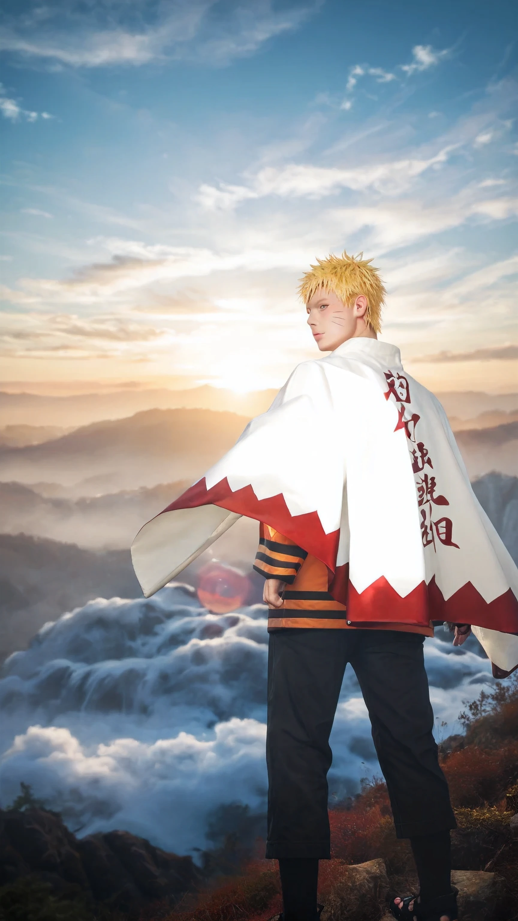 score_9, score_8_up, score_7_up, source_anime, detailed, wallpaper, beautiful details, naruto uzumaki, 1boy, asian, man 27s, male focus, back view, yellow hair, short hair, white and red robe with kanji symbol, orange and black undershirt, black pants, black footwear, standing, beautiful montain, beautiful sky, sunrise, realistic
