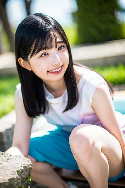 on the table, best quality, illustration, Super detailed, fine details, high resolution, 8k wallpaper, Perfect dynamic composition, Beautiful and delicate eyes,whole body摄影,show your whole body、collared shirt、mini skirt,thin and transparent、long gray hair, Bold sexy pose,Smile,Harajuku、20 year old girl、Eyeliner、beautiful bangs、hair between eyes、((masterpiece、top quality、Super detailed、movie light、intricate details、high resolution、Very detailed))、background for this、8 kood、digital SLR、soft light、high quality、film grain、富士XT3 、shallow view deep、natural soft light、Kamimei、See the knees, side view, standing at the beach,Look at the sexy shots of the lens、Above the legs、whole body、
