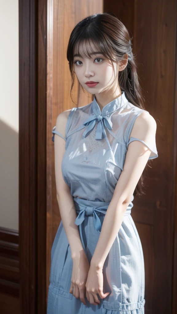 A perfect young female white-collar worker,Chinese big breasts,High picture quality,Works of masters,Black hair,Long hair shawl,Long hair flowing over the shoulders,Beach wave hairstyle,cropped shoulders,鎖骨,exquisite face,Hydrated red lips,((Wear colorful and stylish summer sailor suits))(red colour,blue colors,green color,Violet-orange,In pink,amarelo,Printed clothing),Kurfo,,Colorful pleated skirt,Shadow lace skirt,Sparkling gemstone dress,Lightning astral dress,Crystal elements,Embroidery pattern elements,Fringed skirt,snowflake dress,Moonlight skirt,Butterfly fairy dress,Drizzle dress,lumnious,white stockings,Lace material,Silk clothing,Real Human,(White interior wall background:1.5),CG rendering,16k,Stand up,Empty interior,Do not show your hands,Close-up shot
