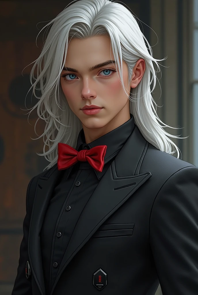 A young man with long white hair and light blue eyes, black button-up, a suit, black pants, and a red bow tie(character)