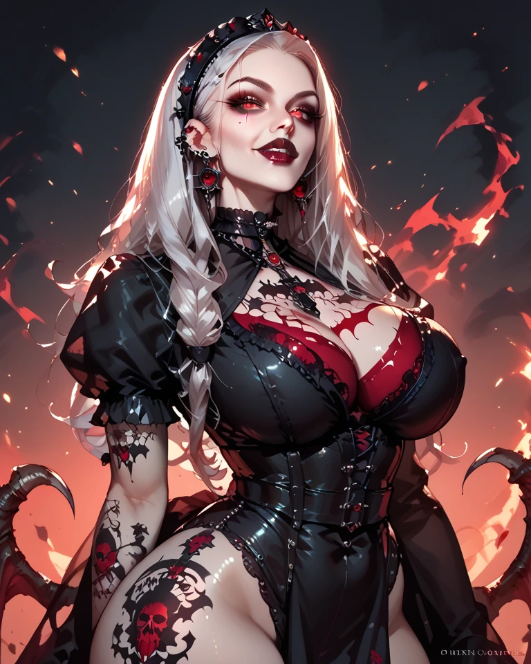 (High-quality masterpiece:1.1), (hyper realistic ultra sharp detailed masterpiece photo), (beautiful lips), (beautiful pussy), (1 petite and extreamly seductive female:1.)), curvy body, 4k resolution, highly detailed textures, (messy goth makeup), (black lipstick), black bikini, fishnets, (tattoos all over the body:1.1), ahegao, (highly detailed seductive face and red eyes:1.4), sweat drop, huge tits, puffy nipples, (shiny skin:1.2) and hair, (white hair:1.1), smooth legs.