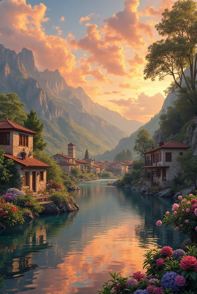 a small village by the river, mountains in the background, floral flowers colorful, detailed landscape, Beautiful natural landscapes, atmospheric lighting, scorching sunset, warm colours, practical, photopractical, Detailed Foliage, complex buildings, cobblestone street, Charming country house, swirly vibrant colors, lush vegetation, Still water reflections, Picturesque, idyllic, work of art, best qualityer, 8k, extremely detaild,anime stylingFull body photo of a beautiful naked indian woman, mamitha, hourglass figure, standing, intricate detailed face and body, curvy hips and thighs, detailed eyes and lips, delicate facial features, long flowing hair, graceful posture,  serene expression, natural light, glowing skin, wet see through white unibody suit, breasts, Bettits_v02 , nipples, photorealistic, cinematic lighting, dramatic shadows, hyper detailed, 8k, (best quality,4k,8k,highres,masterpiece:1.2),ultra-detailed,(realistic,photorealistic,photo-realistic:1.37),cinematic,dramatic lighting,warm color tones,natural environment