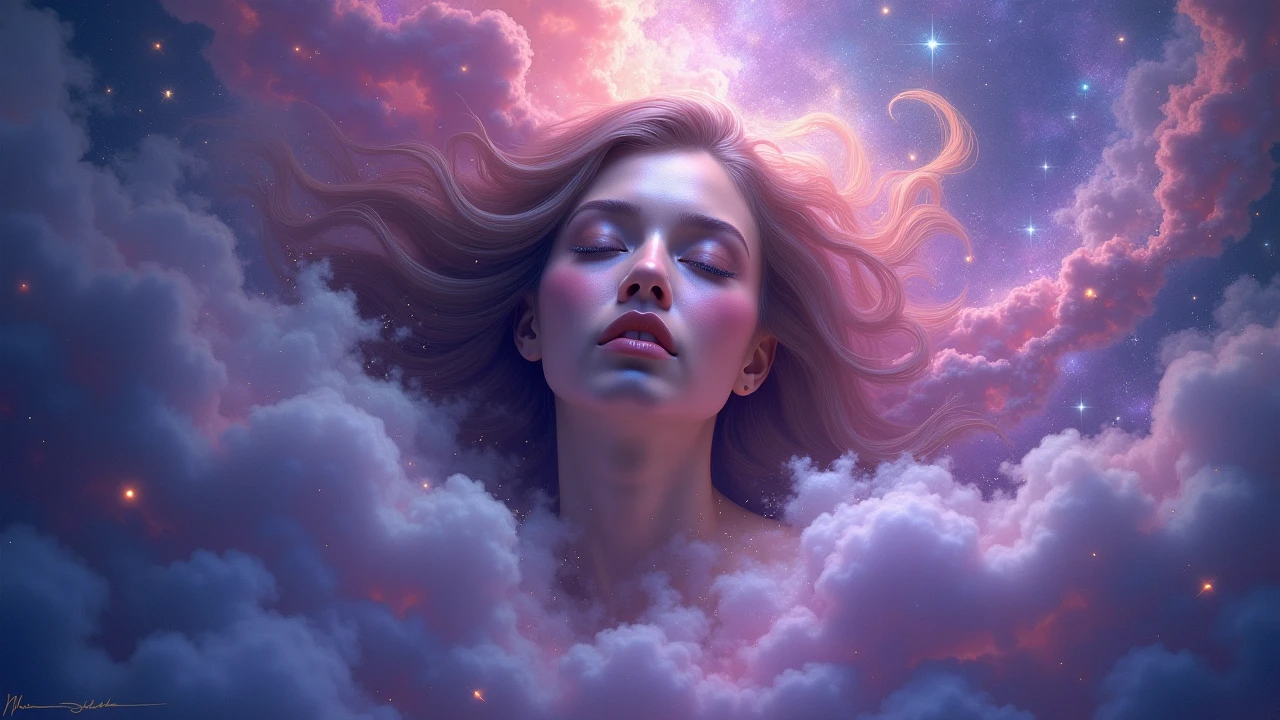 A female face emerging from swirling galactic clouds, vibrant nebula colors forming around her, deep cosmic space in the background, ethereal and mystical style, ultra-detailed.