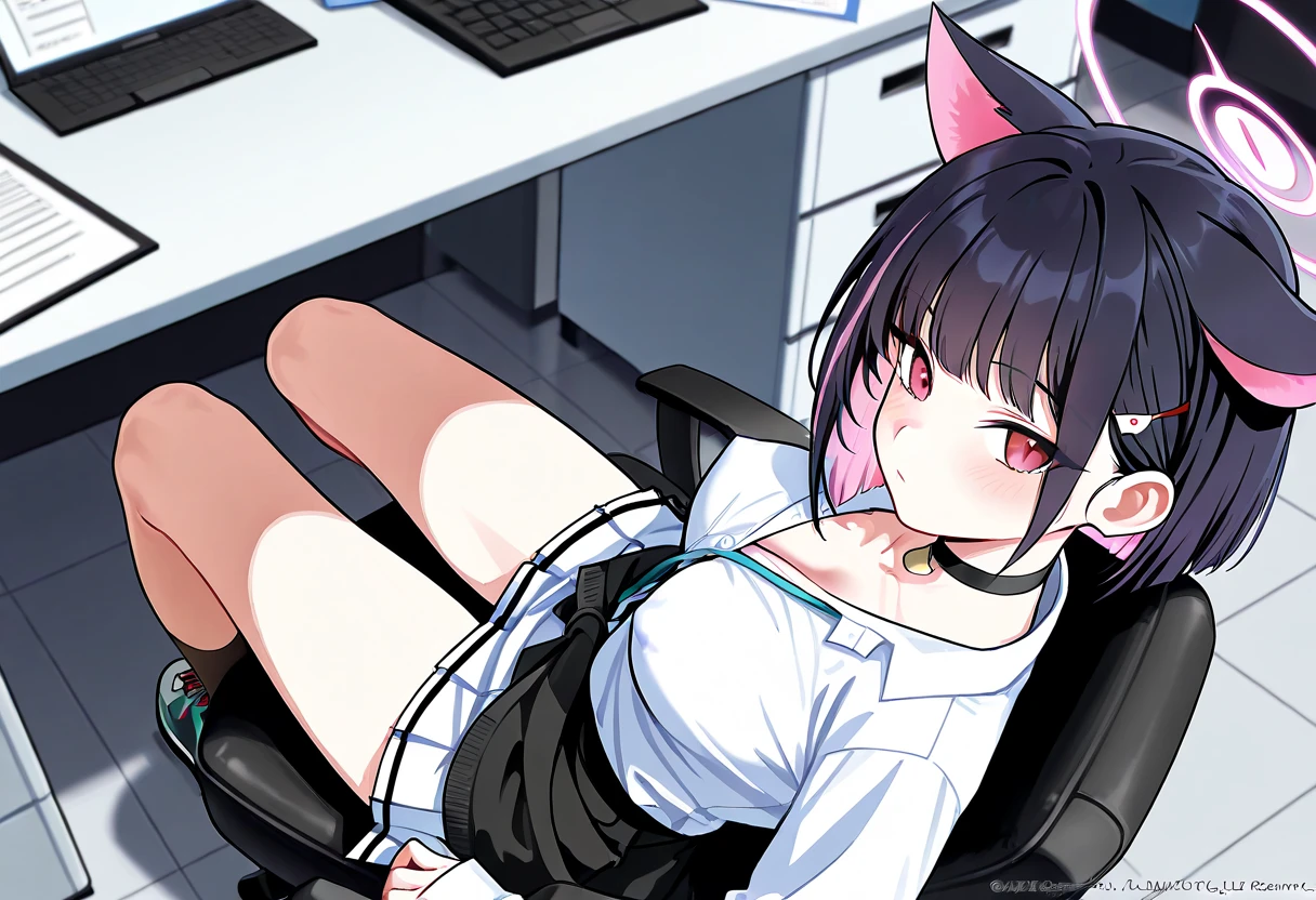 Beautiful girl foxgirl, medium large breasts,purple hair with pink highlights tips, masterpiece , red eyes, sexy, anime styled, 2D, mature, dynamic angle, long hair, sexy, nude, nsfw, pussy, fox tails, sexy pose, sweat, computer desk, sitting