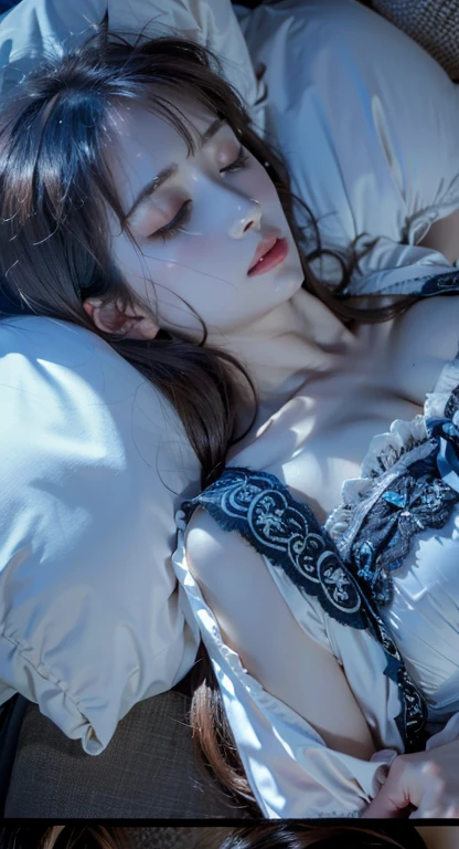 (masterpiece,Super detailed,8k,highest quality:1.5),((very cute)),best image quality, two dimensional beauty,sensual figure,intricate details,charm, realistic texture, charmな,(moonlight、Firefly Light:1.3),(Wearing a blue yukata),bed,(sleeping on one's back:1.3)