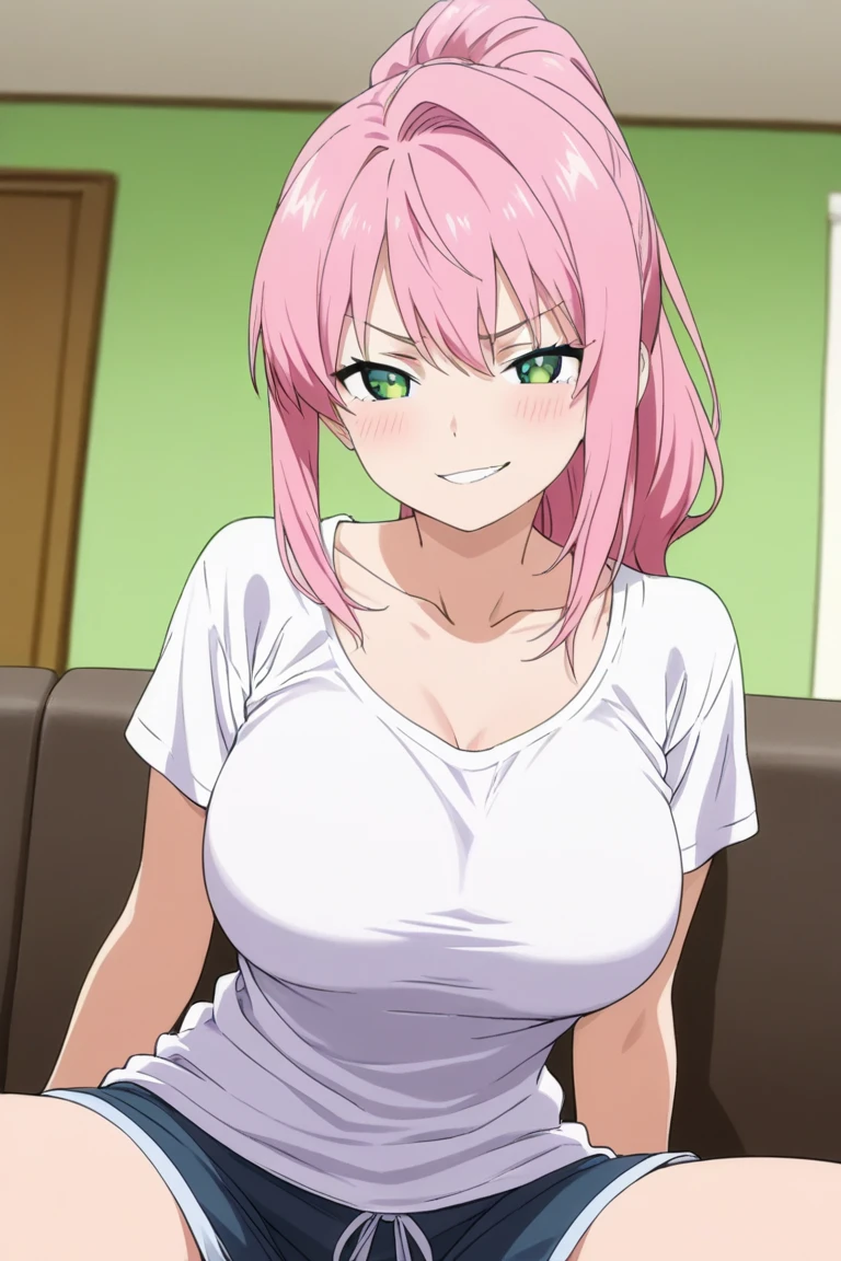 1 rapariga,Sexy body,Perfect body,Very tight clothes,Shows a lot of skins,Sexy Wear,,,Stand in the room,Sakura Haruno,red hairband, Evening ((White shirt)),Black jeans,Hot, Big breasts, Front view, Sitting, Bedroom, sitting in the couch，((Unbuttoning a shirt)) Open her shirt, Hands on shirt buttons，Be red in the face，Blush 1.5，Show off your thighs，short detailed hair，Legs up，astonishment，Open-mouthed