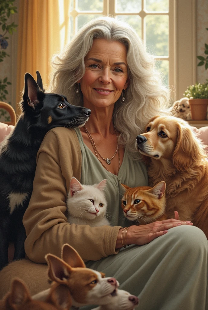 A age woman with a lot of pets with wavy hair 