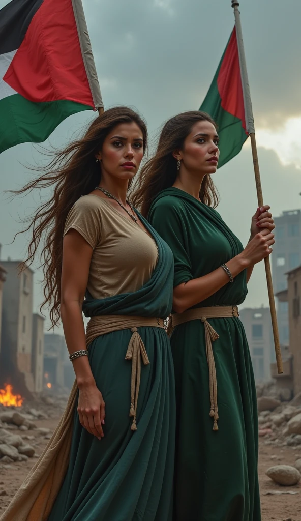 "A highly detailed, ultra-realistic digital painting of two stunning, athletic women with long, flowing hair, deep eyes filled with sorrow, and full lips. They have flawless, sun-kissed skin and strong, toned physiques. They are wearing symbolic mujahid-style dupatta salwar kameez outfits — modest, practical, and slightly worn, reflecting strength and struggle.

Each woman holds a flag — one the Palestinian flag, the other the Pakistani flag — both raised firmly with a sense of resistance and unity. The background is war-torn: destroyed buildings, smoke in the air, rubble on the ground, and faint fires in the distance. A dim, cloudy sky looms above, adding to the emotional weight of the scene.

Their hair is slightly tousled by a haunting breeze, adding a subtle sense of motion and life amidst stillness. Their expressions are powerful — a mix of pain, defiance, and unwavering courage. This piece blends hyper-realism with emotional storytelling, capturing the heartbreak, solidarity, and inner strength of those standing against oppression."