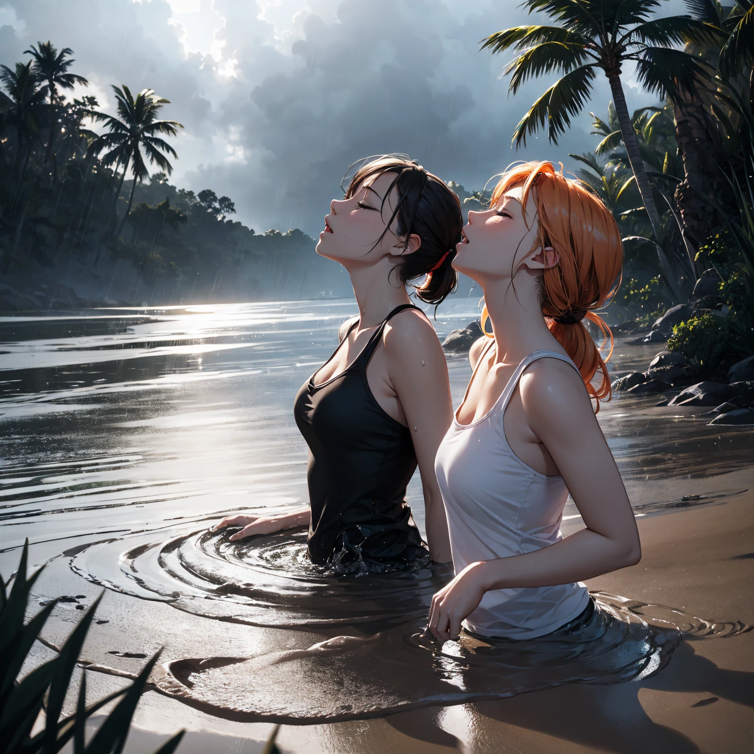 Two Women Beach Blue Sky Sandy Beach Horizon Glamorous Big Tits Micro Bikini See-Through Sitting Wet Hair Tanned Skin Short Bob Chubby Ponytail Two Hugging Each Other High Definition High Definition Brown and Orange Hair Japan Face --auto