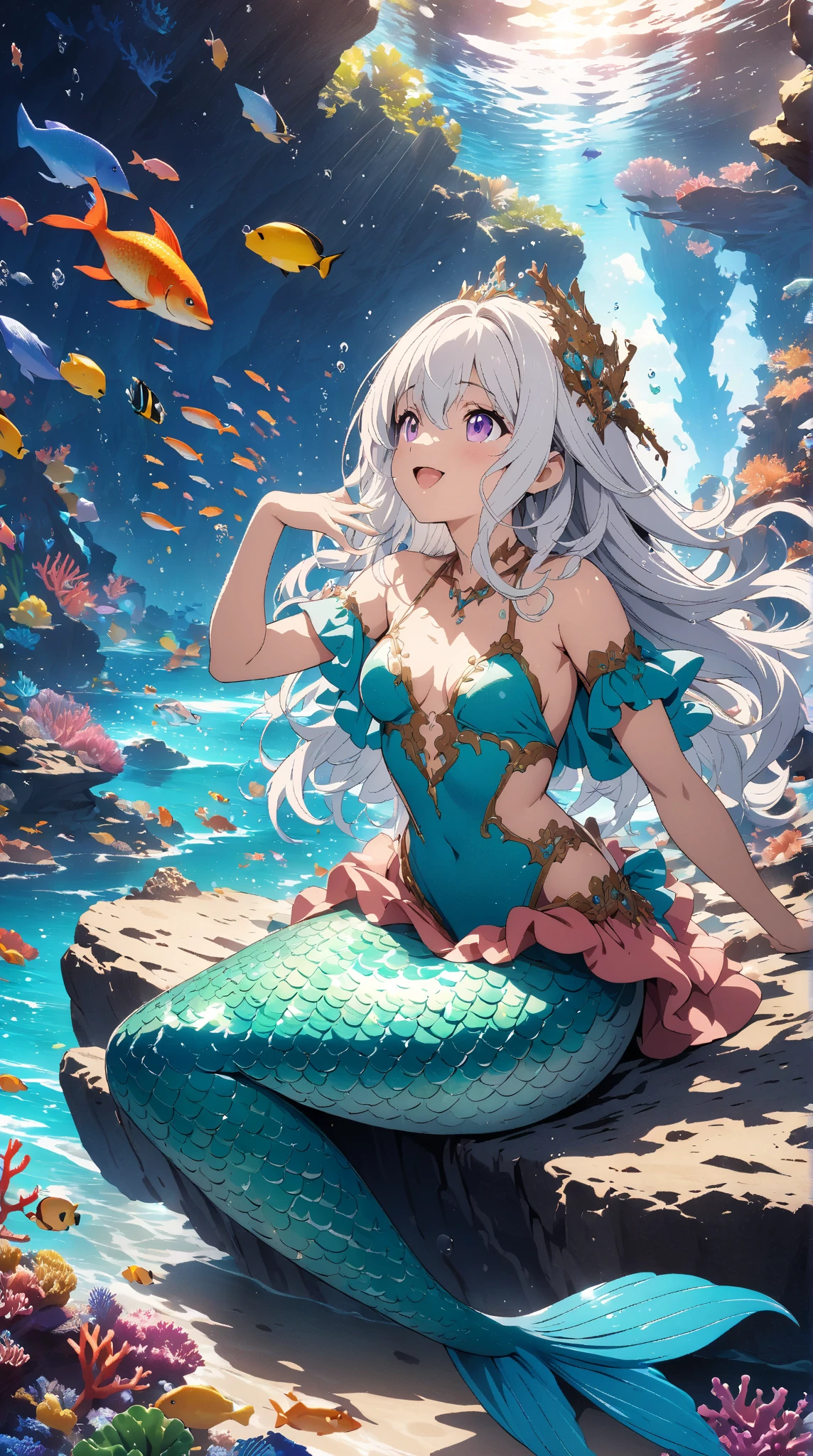 (best quality,4k,8k,highres,masterpiece:1.2),ultra-detailed, Pretty anthropomorphic albino mouse girl magically transformed into a beautiful mermaid, race swap, fantastic transformation, sharp teeth, is smiling, drawn in anime style, steampunk, fishlike, looks wet, very long curly white hair, red eyes, white fur, slim body, whiskers, mouse ears, long and detailed mermaid tail with shimmering cyan fish scales, pelvic and dorsal fins, a pair of fish gills on her torso, seashells bra, pearl earrings and bracelets, pearl necklace, manicured nails, eye-catching accessories, joyful expression, beautifully detailed lips, sitting on a rock, sandy beach,she’s smiling,embracing her new life has a mermaid, brushing her hair, ocean waves,sparkling water,coconut trees,seagulls,coral reef,vibrant colors,magical glow,shimmering scales,sea breeze,warm sunlight,joyful expression,island paradise,lush tropical plants,dynamic composition,soft and smooth lines,expressive facial features,gentle water reflections,serene atmosphere, Highly detailed, masterpiece, high quality, 4K