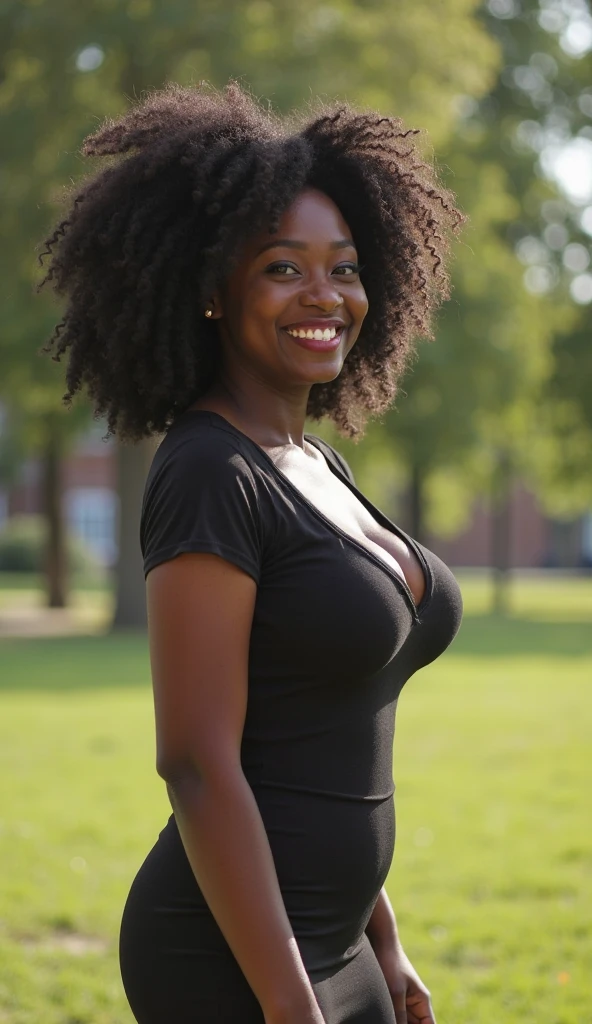 ２０A beautiful young woman、 (African woman, Black Hair、 An athletic body, Average breast size, Brown eyes, Skin beauty: 1.3), Afro Hair、Ear piercing、blouse、smile, Beautiful teeth alignment、Intricate details, Very detailed:1.2), (A person with a dark mood: 1.5), 、 Looking at the camera,
