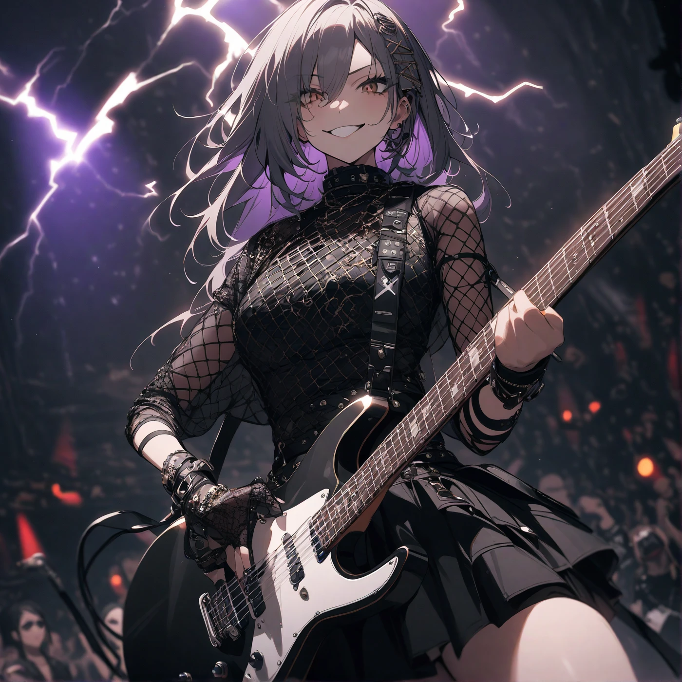adult woman, long blonde hair, blue eyes, smile, purple lipstick, black tight top, white leather jacket, open belly, purple skirt, nylon tights, silver elements, heavy metal, guitar, lightning, Masterpiece, best quality, Full HD, 8k, ultra details, great graphic