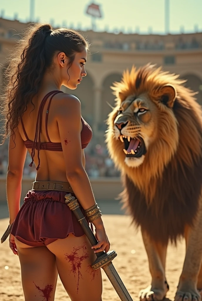 (RAW photo), (Realistic,24k), (photo-realistic), ultra high resolution, masterpiece, highest quality, portrait, facial portrait, perfect lighting, detailed lighting, dramatic shadow, ray tracing, 1 beautiful slave girl, , ((Idol face)), perfect anatomy, dark skin, Voluptuous, cleavage, symmetrical eyes, beautiful detailed brown eyes, chubby lips, big thick thighs, abs, muscle, shortcut hair, black hair, half open mouth, (wearing a erotic Gladiator costume), (in Rome Arena), (fight with Lion),