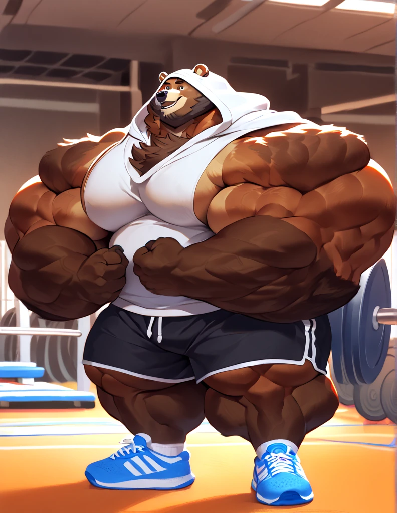 (best quality, 4k, highres, masterpiece:1.2), ultra-detailed, fury, furry art (realistic, photorealistic, photo-realistic:1.37), massive muscular, huge muscular, chubby Grizzly bear, working out, standing and working out in the gym, flexing pectoral muscle, black shorts and black wristbands, lifting weights, barbells, gym equipments, brown hair, thick brown fur, super thick arms, super big pectoral, super wide hairy pectoral, topless, shirtless, eyebrows, impressive brown beard, strong jawline, kind eyes, strong arms, proud posture, well-built physique, professional lighting and backdrop, intense shadows, vibrant colors, dramatic composition, gritty texture, vintage aesthetic, dynamic perspective. Add textures and details to make the image more realistic, such as the appearance of the body built muscles texture and the appearance of the brown fur