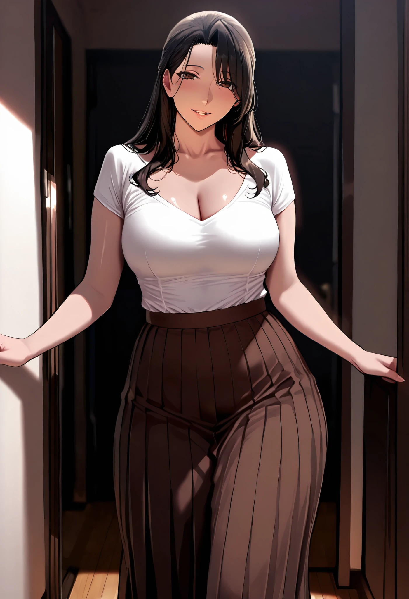 Office girl outfit, sleeveless, office background, sayuri, anime cels style, best quality, high resolution, 1girl, (huge breasts:1.2), beautiful face, black hair, wavy hair, long hair, black eyes, cowboy shot, smiling, blushing, black stockings, pantyhose, perfect anatomy, perfect face