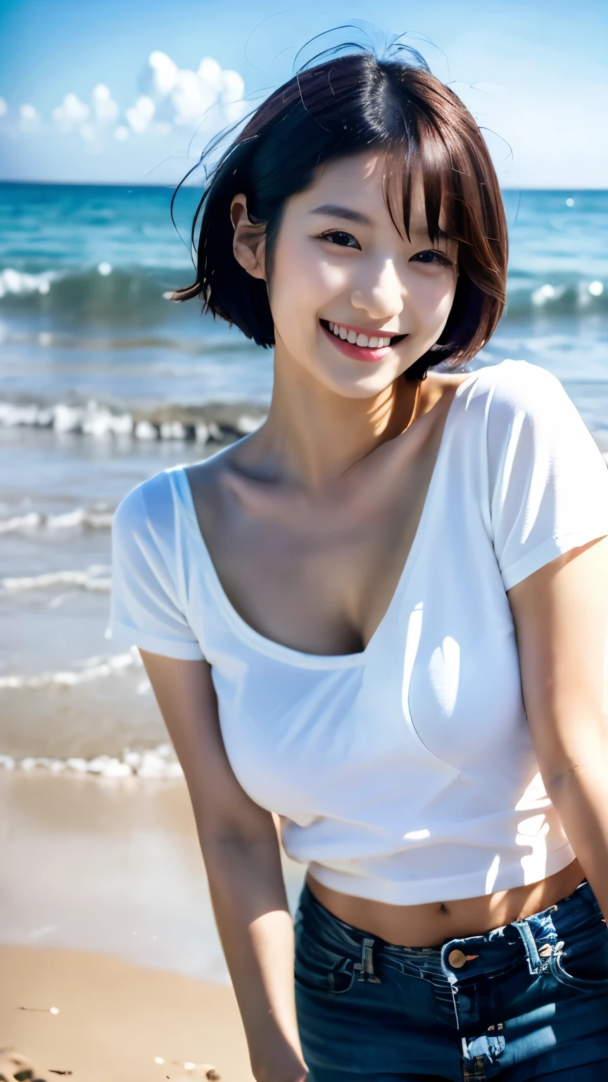 table top、(highest quality、4k、8k、High resolution、masterpiece: 1.2)、Super detailed、(genuine、photogenuineistic、photogenuineistic: 1.37)、full body shot、Complex and beautiful eyes、woman、Tshirt、short hair、big breasts、natural color lip、bold and sexy pose、smile、Ocean、20 year old girl、cute looking at camera&sexy shot。